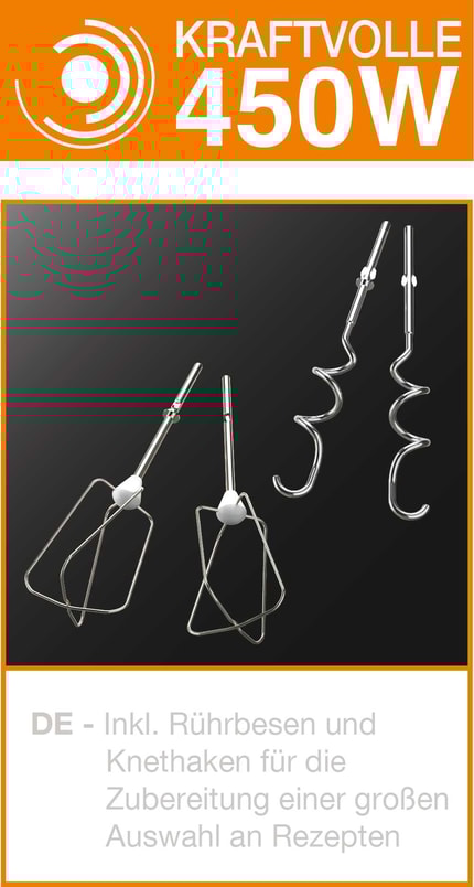Abbildung Der KRUPS 3MIX 4000 Handmixer bietet Leistung und Einfachheit für Ihren täglichen Bedarf, einschließlich perfekt geschlagenem Eischnee in Rekordzeit, dank des starken 450W Motors.
