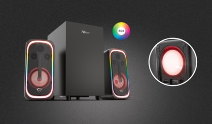 Abbildung Leistungsstarkes 2.1-Lautsprecherset mit individuell anpassbarer RGB LED-Beleuchtung, HDMI-Eingang und Bluetooth-Funktechnologie