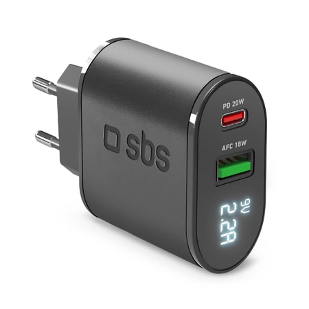 20W-Ladegerät mit LCD-Bildschirm, USB-C und USB-A, Schwarz