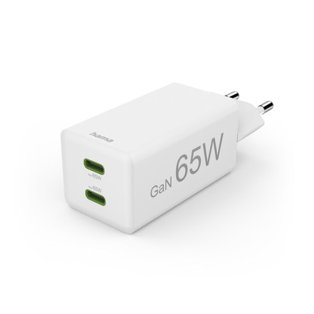 Schnellladegerät, GaN, 2x USB-C, PD/Qualcomm®, Mini-Ladegerät, 65 W, Weiß (00201994)
