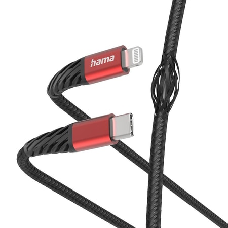 Ladekabel "Extreme", USB-C - Lightning, 1,5 m, Nylon, Schwarz/Rot