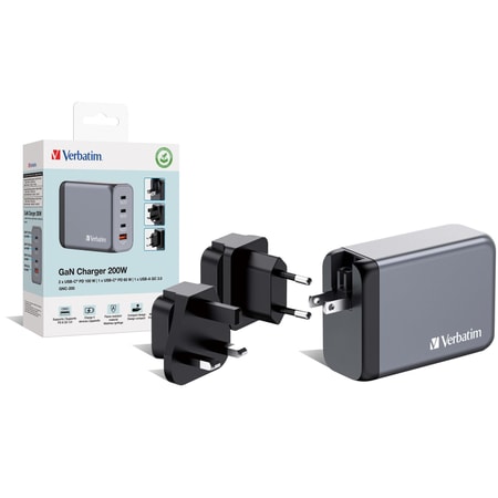 GNC-200 Universal GaN-Ladegerät, 200 W, USB-C, USB-A, Schwarz/Grau