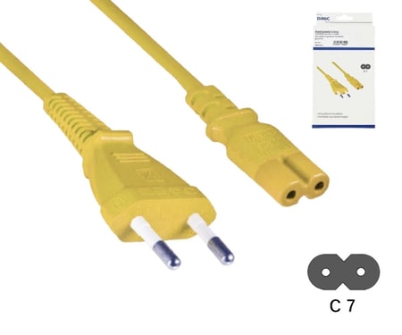 Netzkabel Eurostecker Typ C auf C7, 0,75mm², Eurostecker/IEC 60320-C7, VDE, gelb, Länge 1,80m