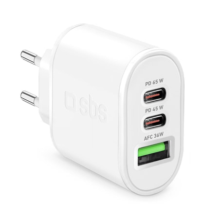 GaN 65W ultraschnelles Ladegerät, USB-A und USB-C, Weiß