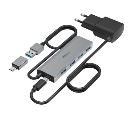 USB-Hub, 4 Ports, USB 3.2 Gen1, 5 Gbit/s, inkl. USB-C-Adapter und Netzteil
