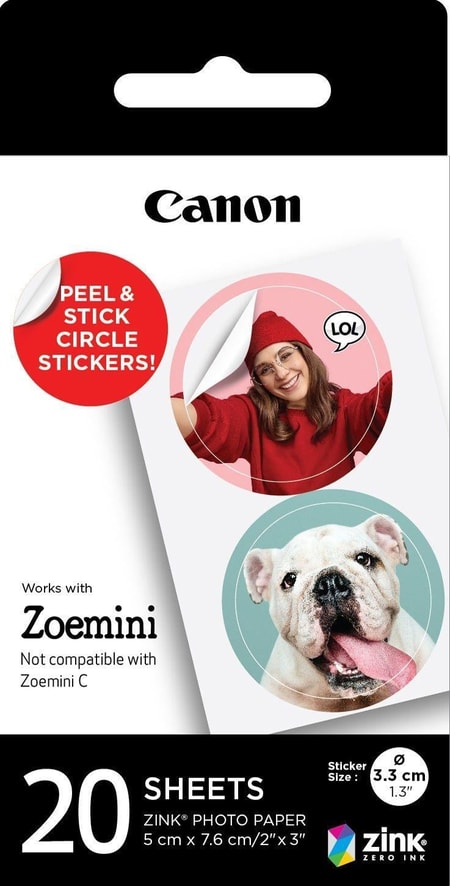 ZINK Fotopapier mit vorgestanzten runden Stickern mit 33 mm Durchmesser, 20 Blatt