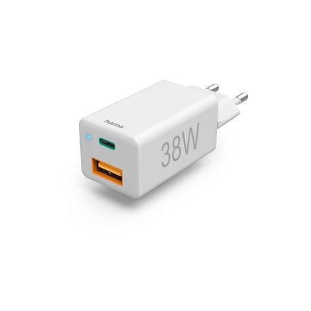 Schnellladegerät, 1x USB-C PD, 1x USB-A QC, Mini-Ladegerät, 38 W, Weiß