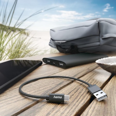 Ladekabel, USB-A - USB-C, 0,2 m, Nylon, Schwarz