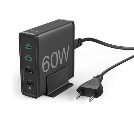 Ladestation, 60 Watt, 4-fach (2x PD/QC USB-C, 2x USB-A), Schwarz