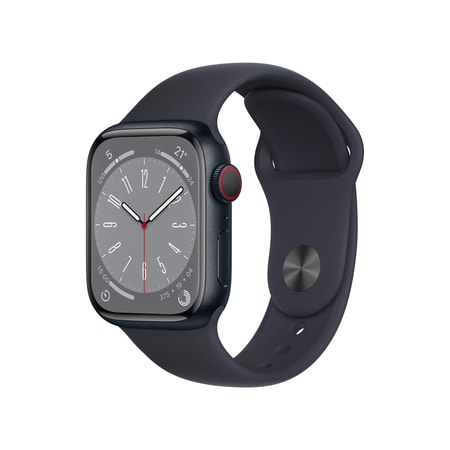 Watch Series 8 GPS + Cellular 45mm Aluminiumgehäuse Mitternacht mit schwarzem Sportarmband - Regular