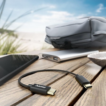 Ladekabel, USB-C - USB-C, 0,2 m, Nylon, Schwarz