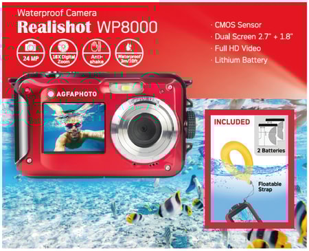 Kompaktkamera WP8000 rot Kit mit Schwimmgriff und zweitem Akku