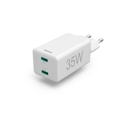 Schnellladegerät, 2x USB-C, PD/Qualcomm®, Mini-Ladegerät, 35 W, Weiß