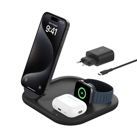 Boost Charge Magnetische, einklappbare, kabellose 3-in-1-Ladestation mit Qi2 (15 W), Schwarz Qi-Ladegerät