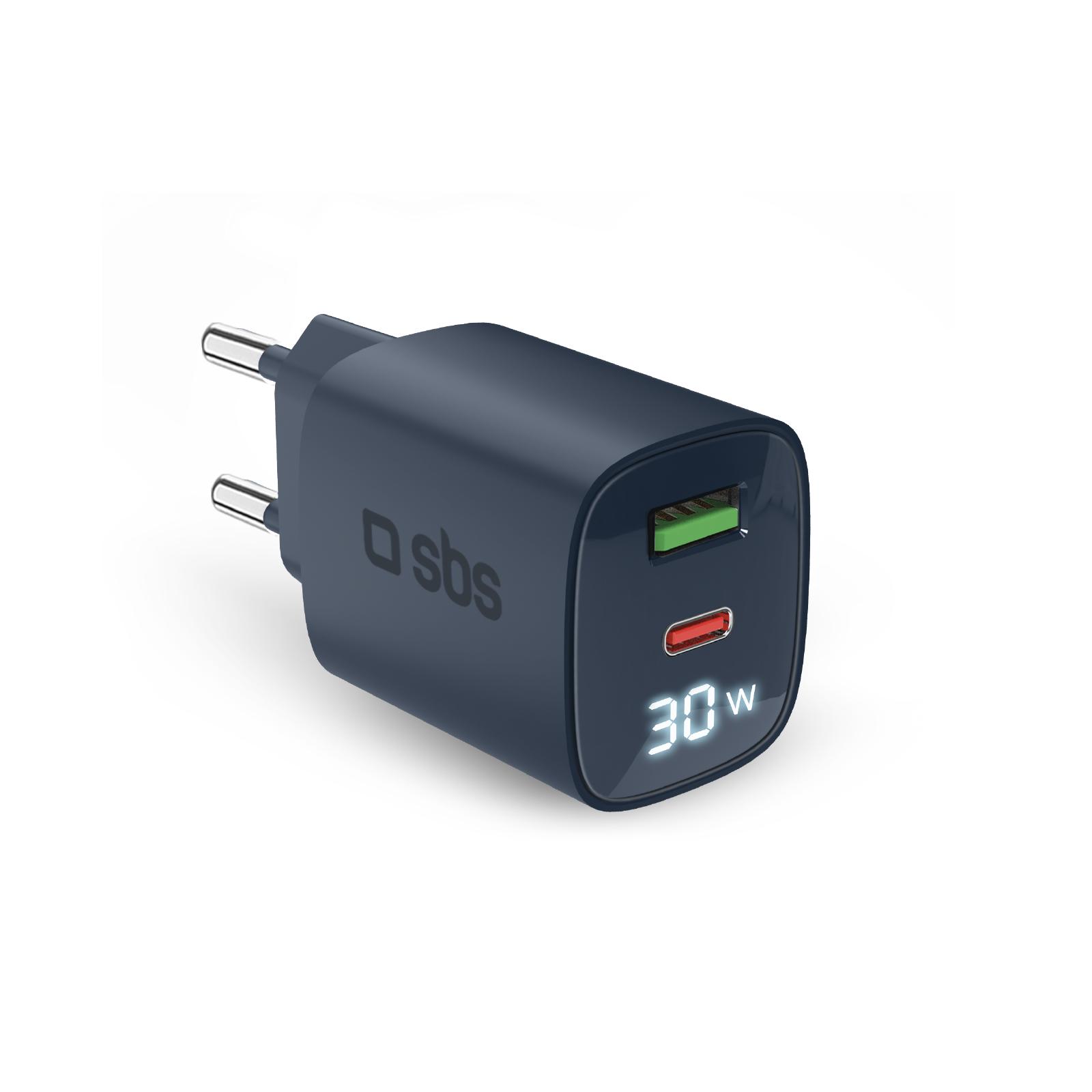Wandladegerät mit LCD-Bildschirm, USB-C-PD-30W-Ausgang, USB-A-18W-Ausgang, Blau