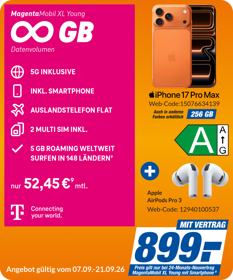 iPhone 17 Pro Max + Air Pods 3 mit Magenta Mobil XL Young für 899€