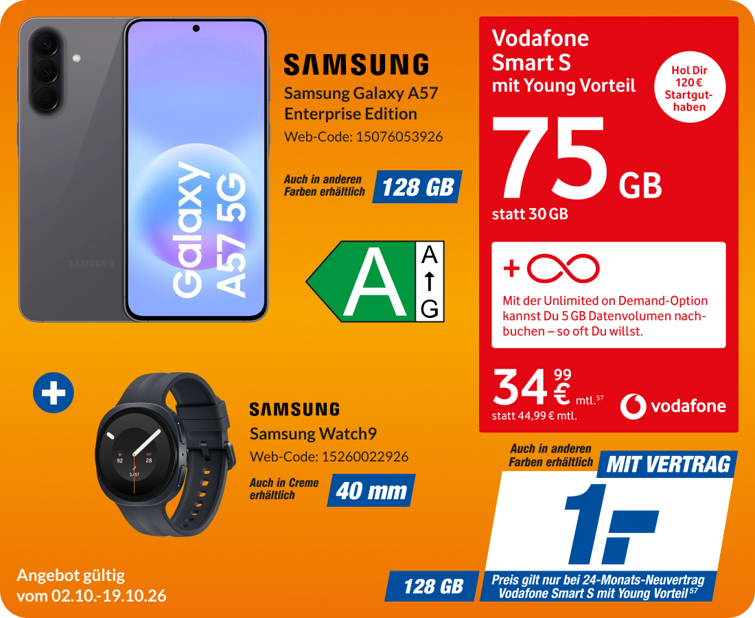 Samsung Galaxy A57 Enterprise + Watch 9 mit Smart S Young für 1€!