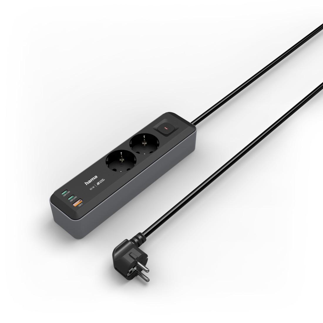 Steckdosenleiste, 2-fach, USB-C/A 65W, PD, Schalter, 1,4 m, Schwarz/Grau (00223193)