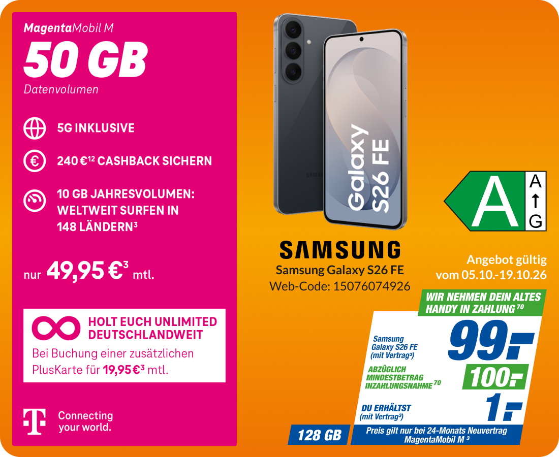 Samsung Galaxy S26 FE mit Magenta Mobil M für 99€!