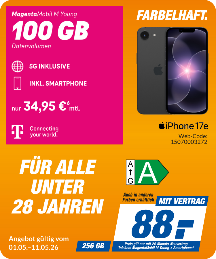 Apple iPhone 17e mit Magenta Mobil M Young für 88€!