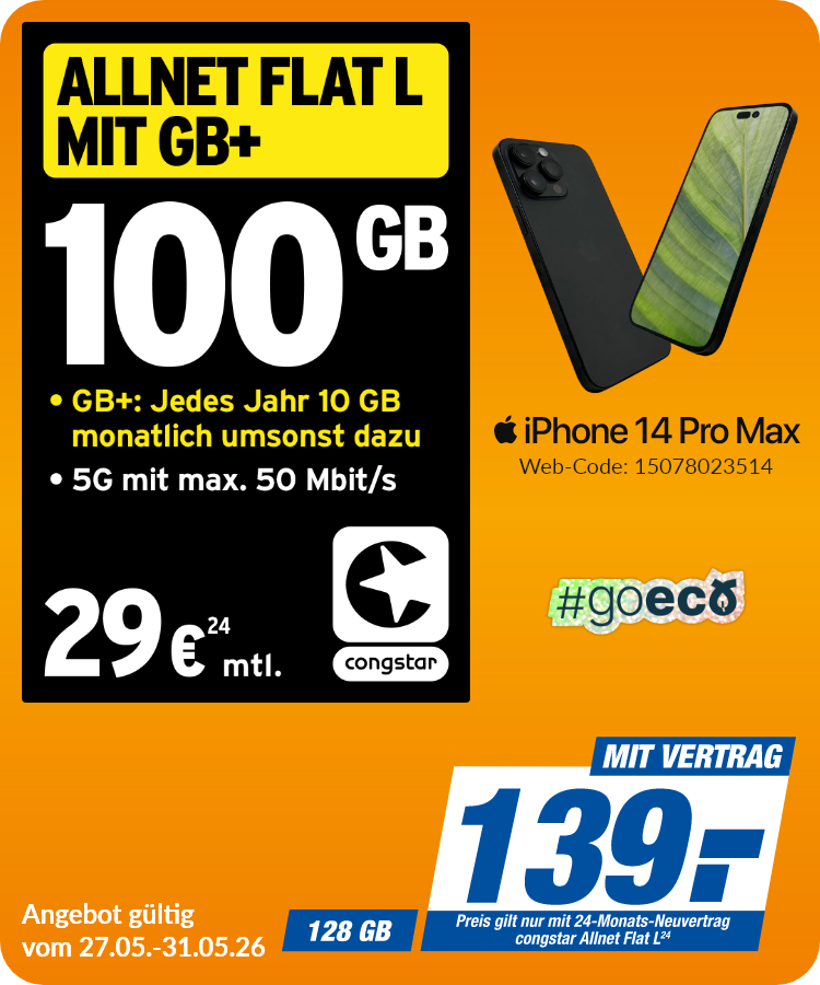 Apple iPhone 14 Pro Max mit Allnet Flat L für 139€!