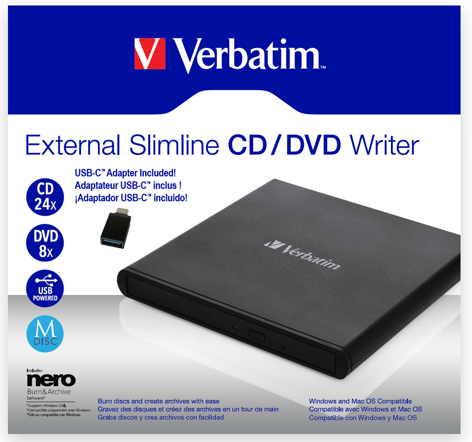 Slimline USB 2.0 inklusive USB-A-zu-USB-C-Adapter Externer DVD-Brenner