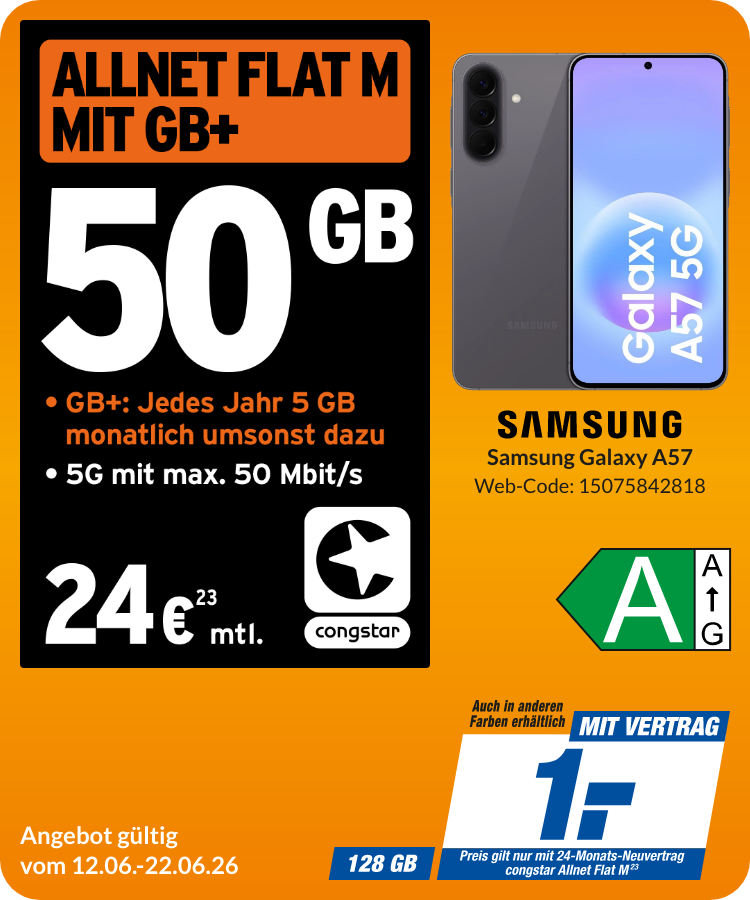 Samsung A57 mit Allnet Flat M für 1€!