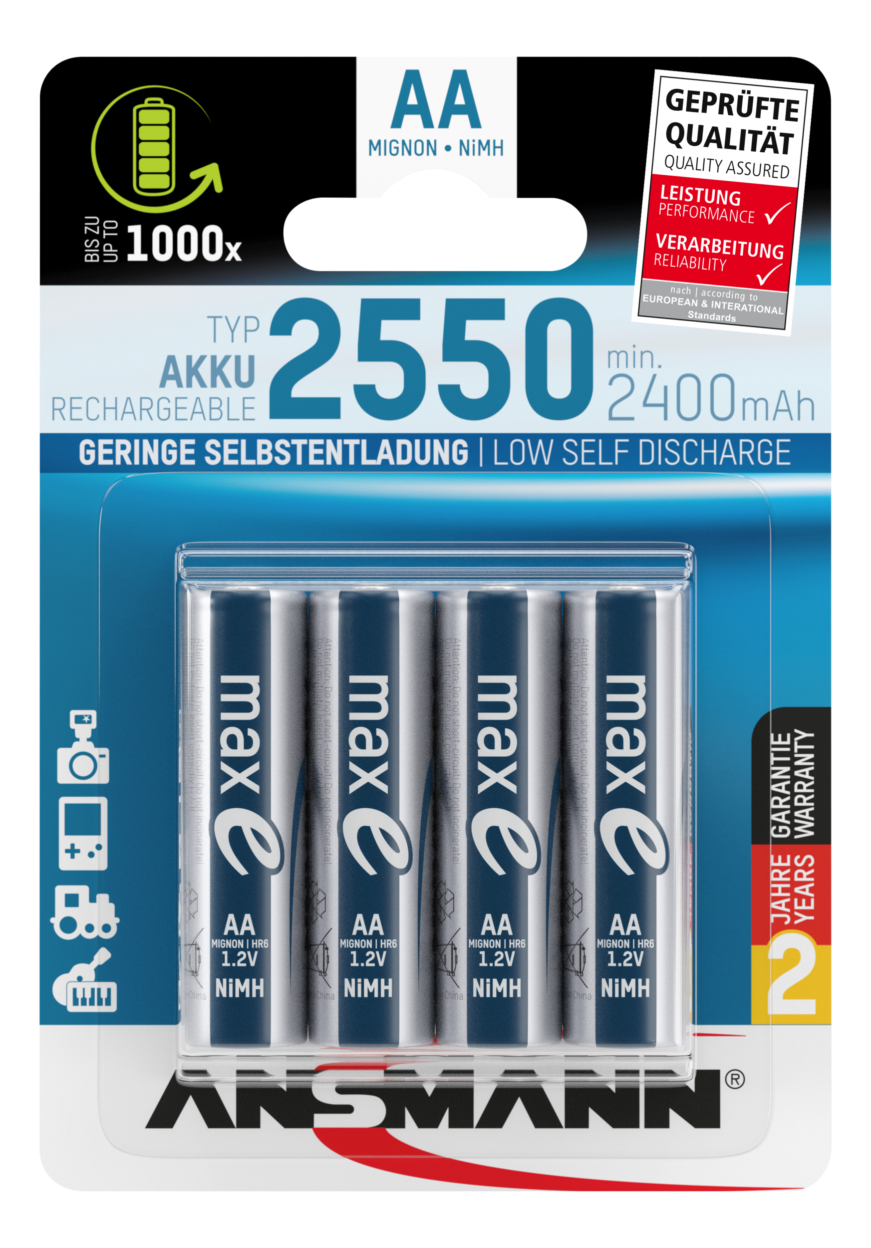 NiMH Akku Mignon AA Typ 2550 (min. 2400 mAh) maxE 4er Blister Akku