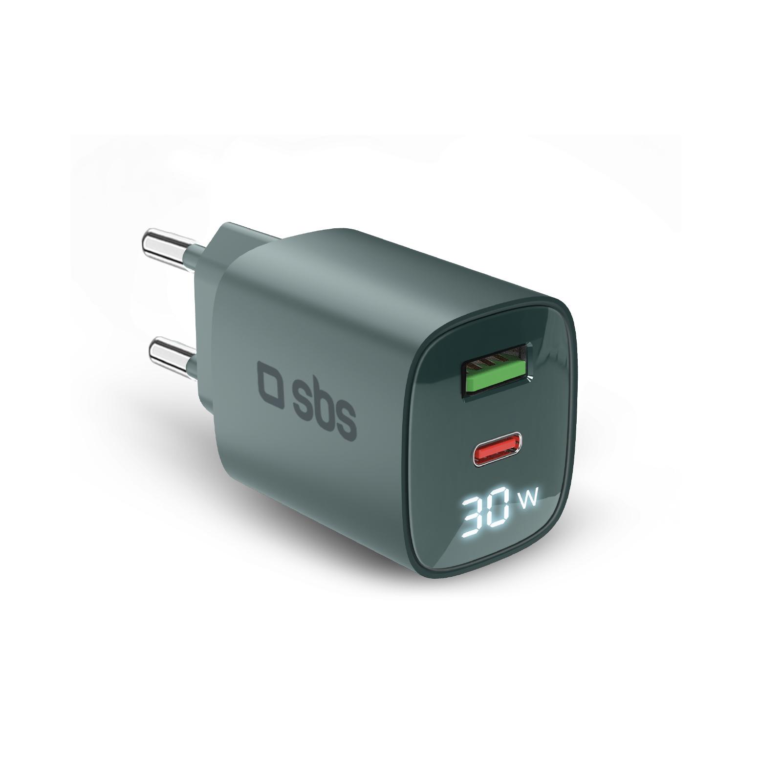 Wandladegerät mit LCD-Bildschirm, USB-C-PD-30W-Ausgang, USB-A-18W-Ausgang, Hellblau