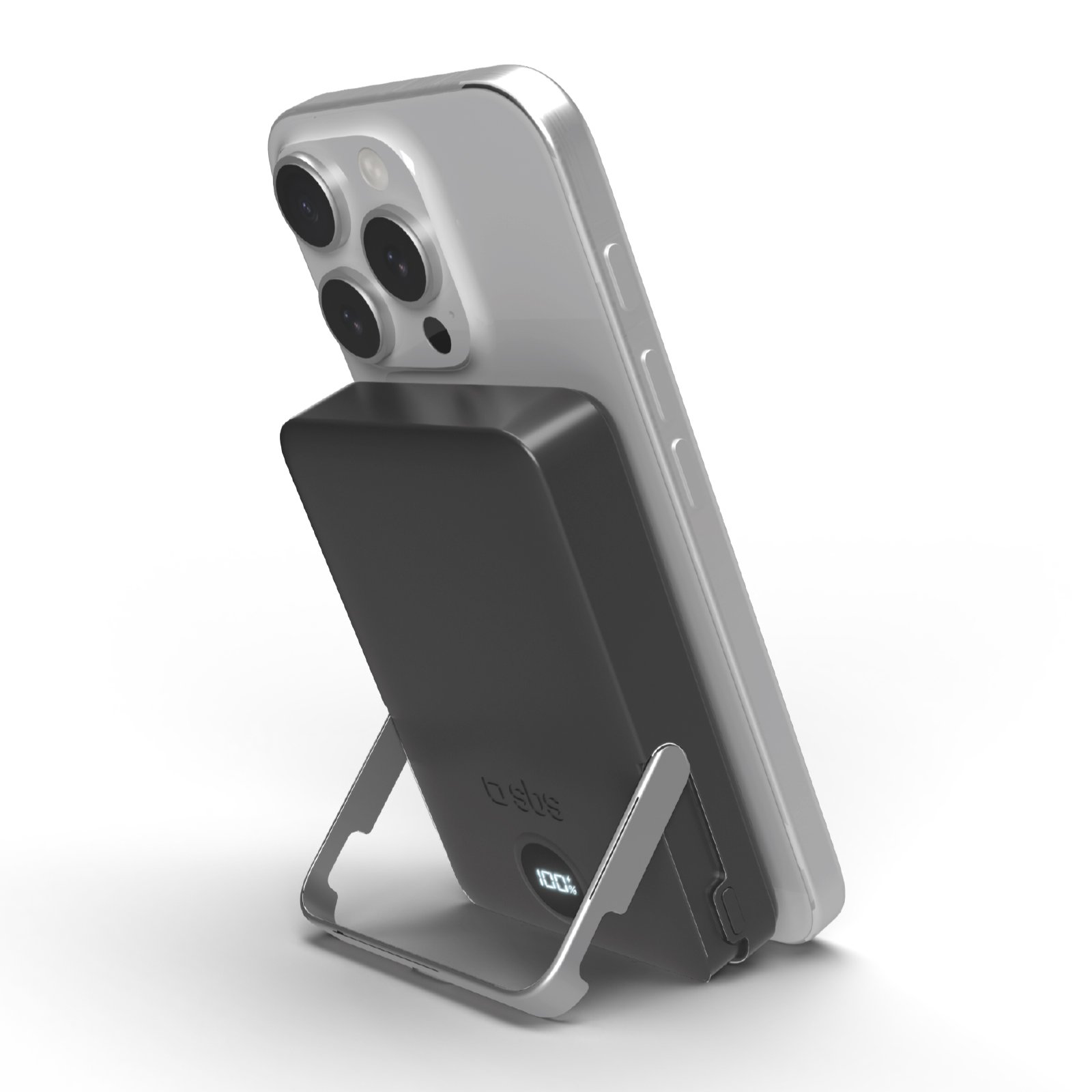 Powerbank mit 10.000 mAh, kabelloses Laden und integriertem Standfuß, Schwarz