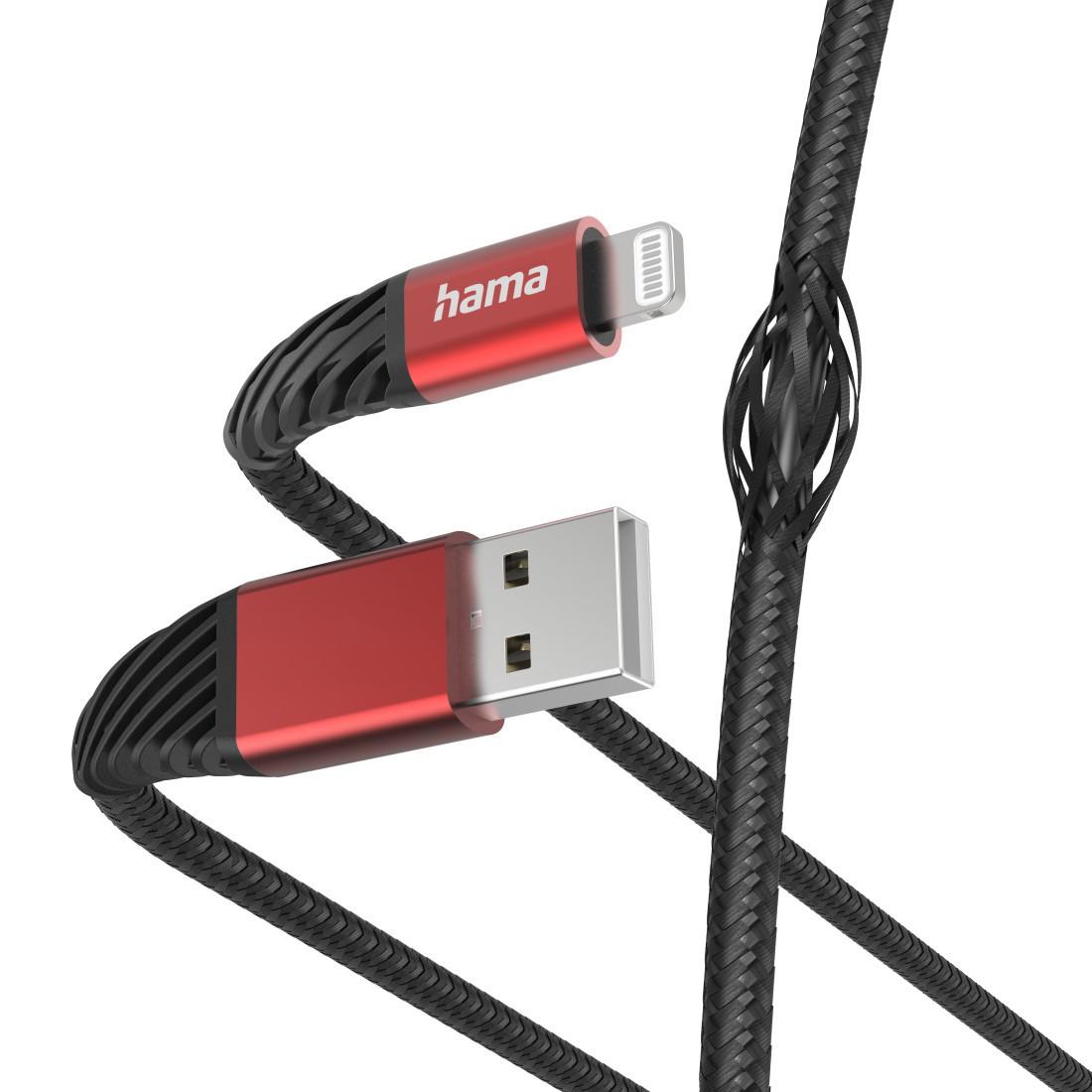 Ladekabel "Extreme", USB-A - Lightning, 1,5 m, Nylon, f. iPhone, Schw./Rot (00201538)