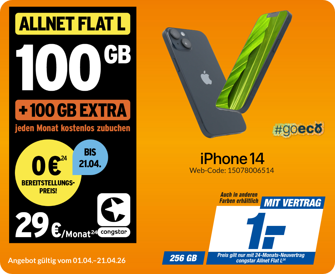 Apple iPhone 14 mit Allnet Flat L für 1€!