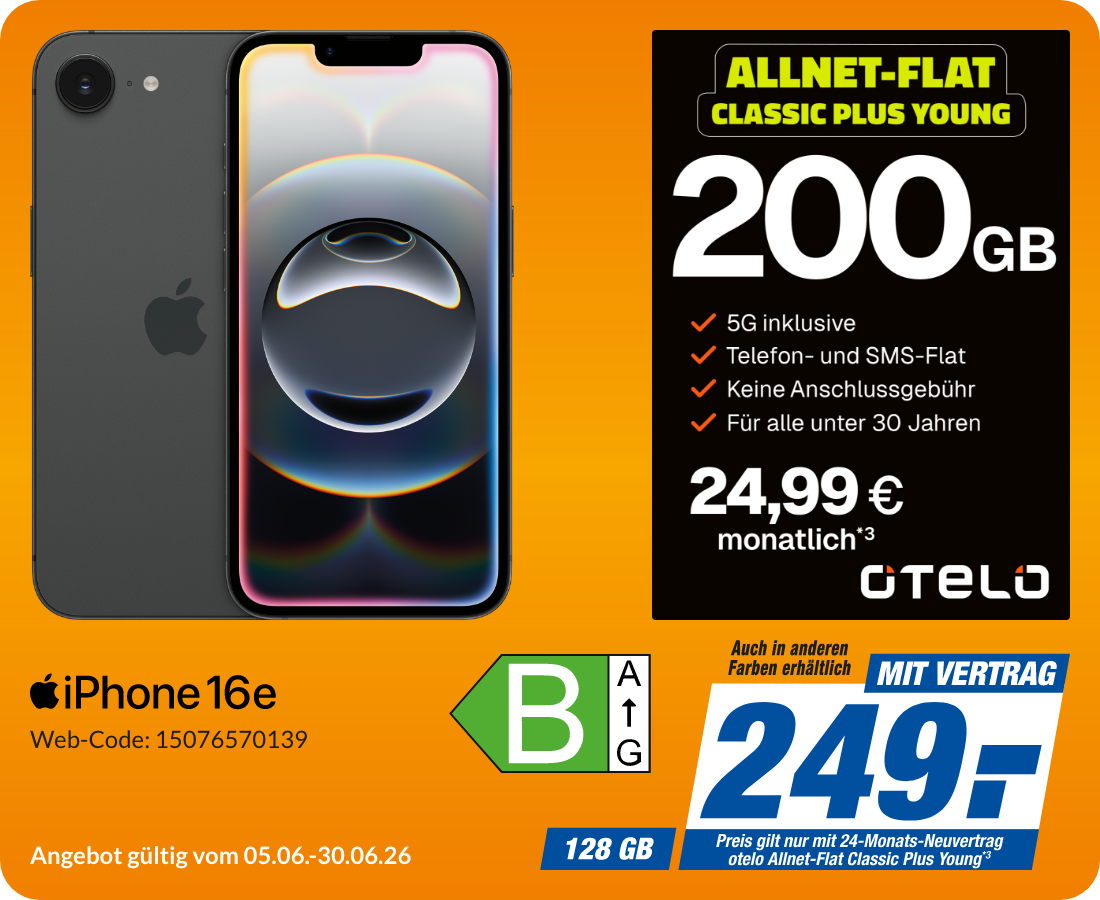 iPhone 16e mit Allnet Flat Classic Plus Young für 249€!