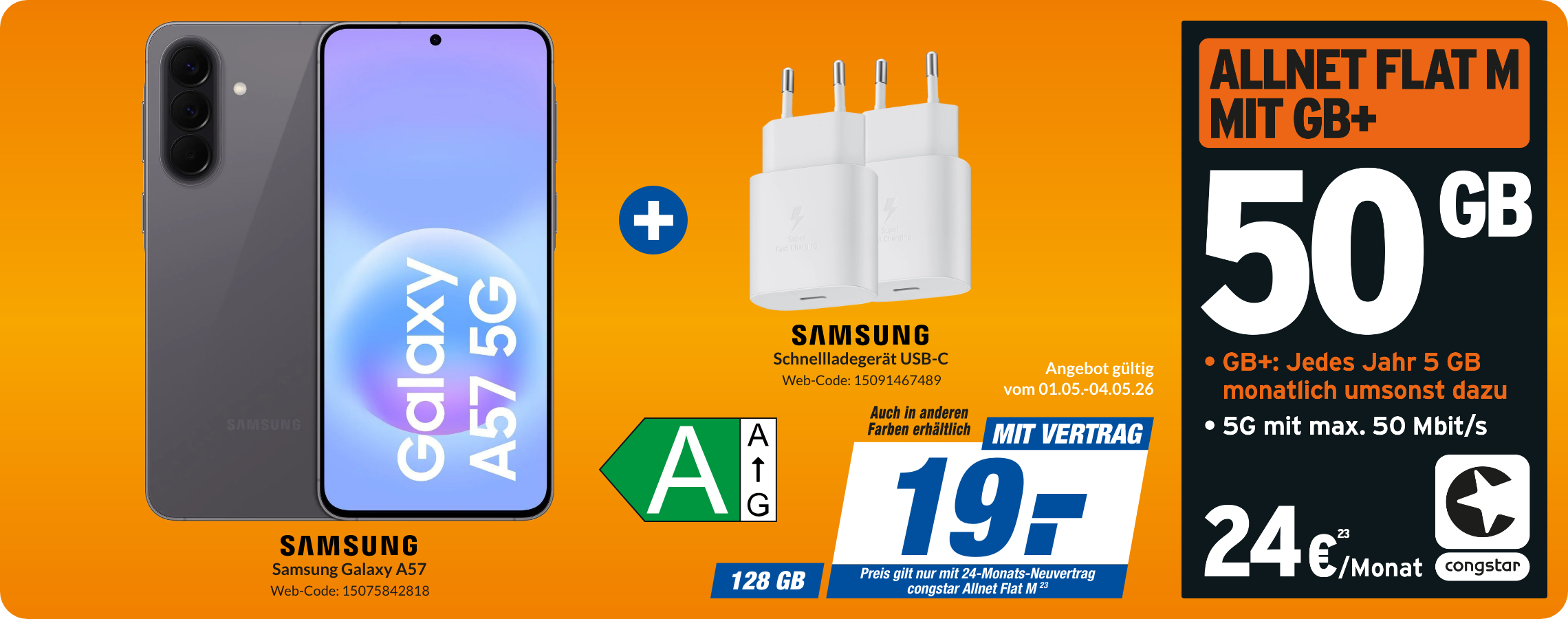 Galaxy A57 + Adapter mit Allnet Flat M für 19€!