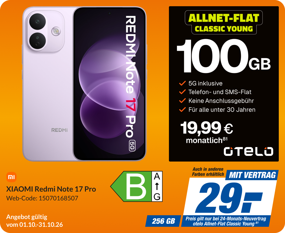 Xiaomi Redmi Note 17 Pro mit Allnet Flat Classic Young für 29€!