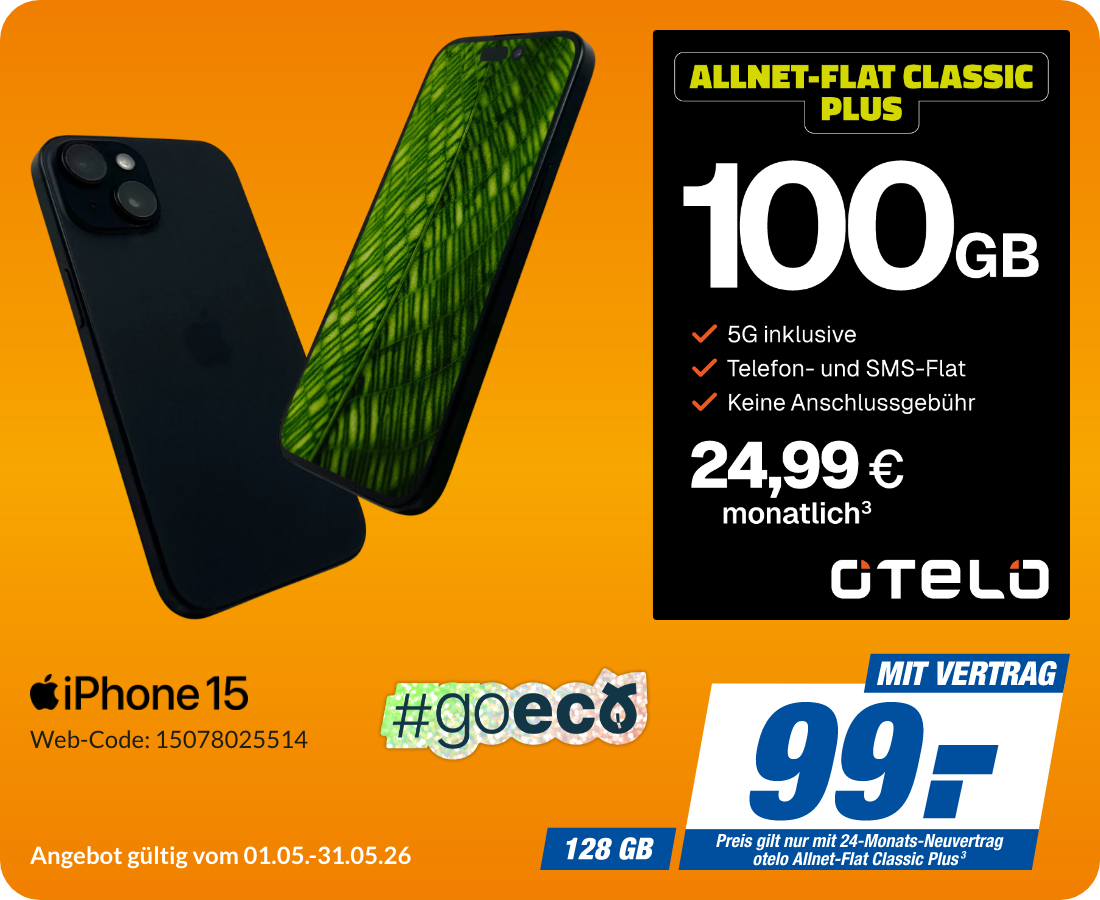 Apple iPhone 15 mit Allnet Flat Classic Plus für 99€!