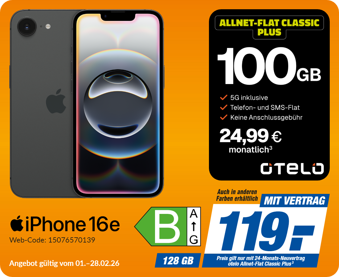 iPhone 16e mit ALLNET-FLAT CLASSIC PLUS für 119€!