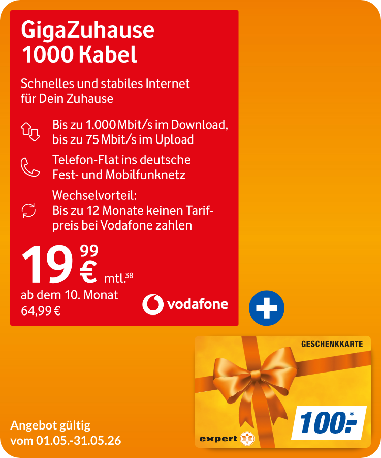 GigaZuhause 1000 Kabel mit 100,00€ expert Gutschein