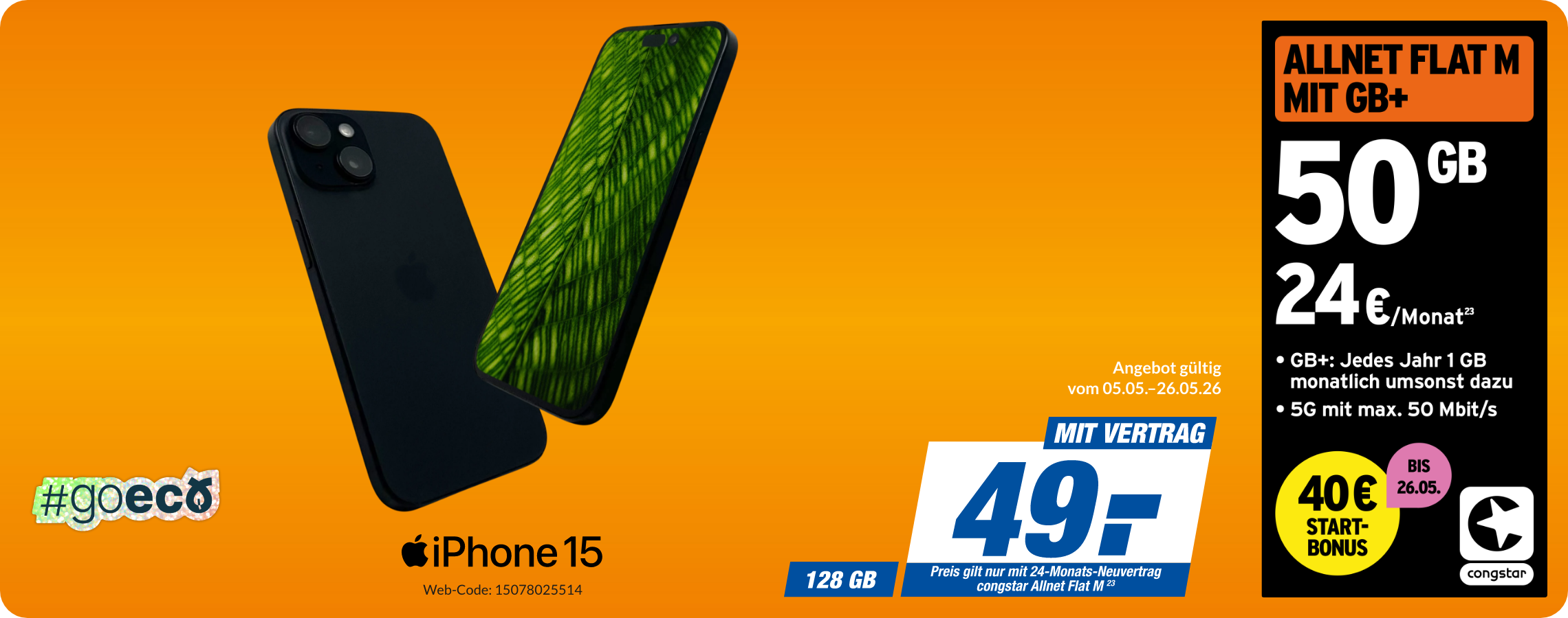 Apple iPhone 15 mit Allnet Flat M für 49€!