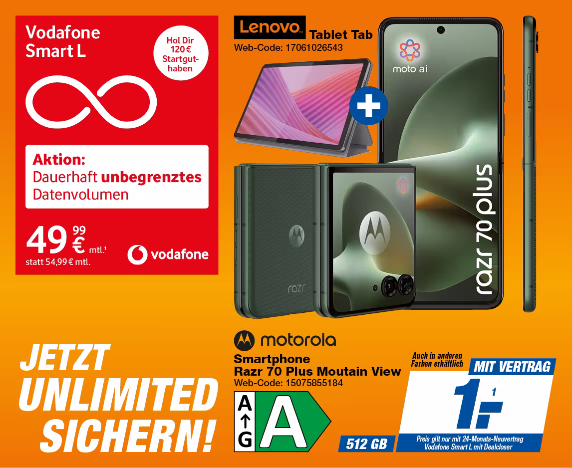 Motorola Razr 70 Plus + Lenovo Tablet mit Vodafone Smart L mit Dealcloser
