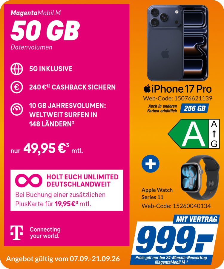 iPhone 17 Pro + Apple Watch Series 11 mit Magenta Mobil M für 999€!