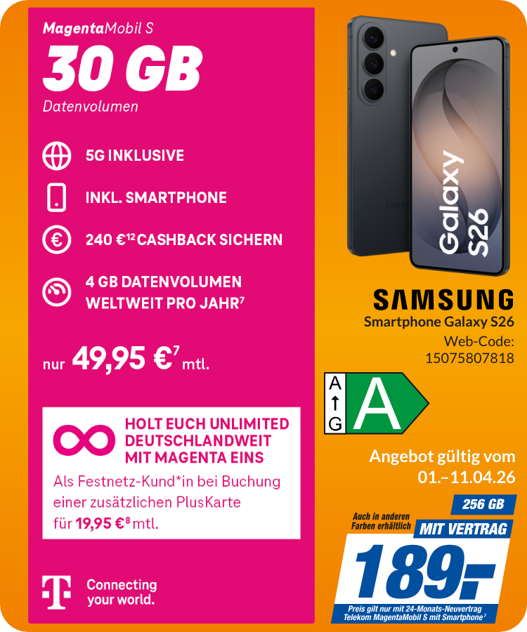 Galaxy S26 mit Magenta Mobil S für 189€!