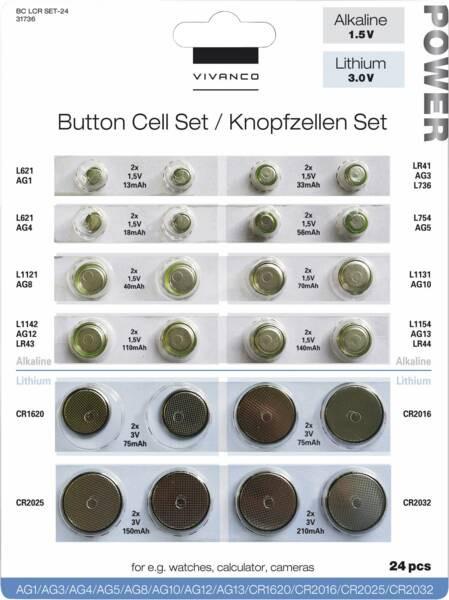 Knopfzellen-Set, 24 Stk. 12 verschiedene Typen, Alkaline und Lithium (31736)