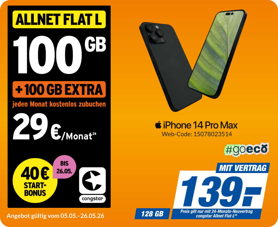 Apple iPhone 14 Pro Max mit Allnet Flat L für 139€!