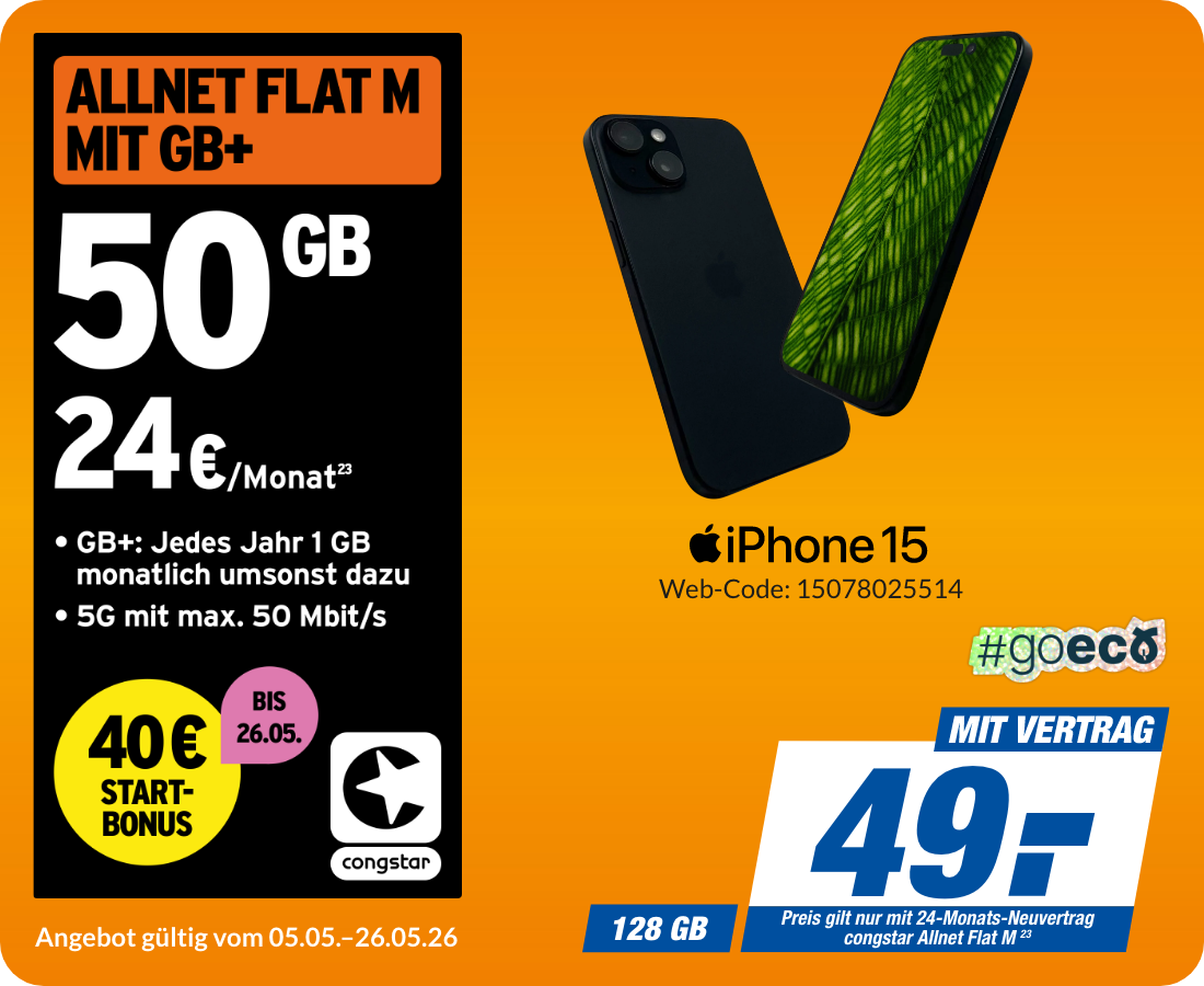 Apple iPhone 15 mit Allnet Flat M für 49€!
