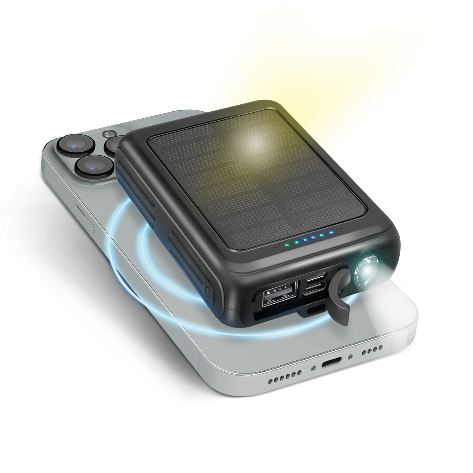 Solar-Powerbank 5000 mAh mit kabelloser Aufladung, Schwarz