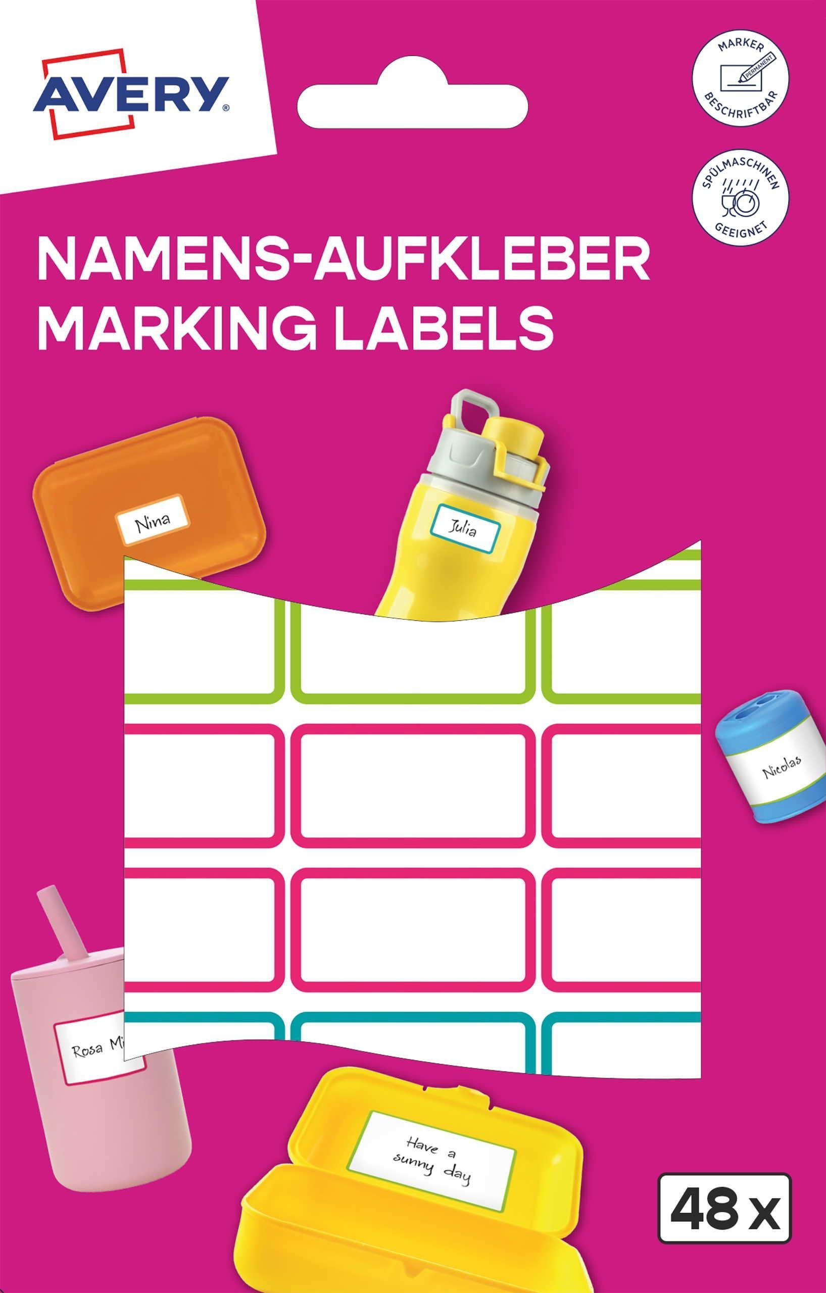 NAME48C, Namens-Etiketten, Folie, Rahmen bunt, 15 x 31 mm, 48 Aufkleber