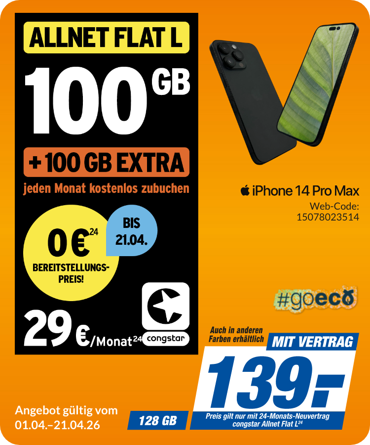 Apple iPhone 14 Pro Max mit Allnet Flat L für 139€!