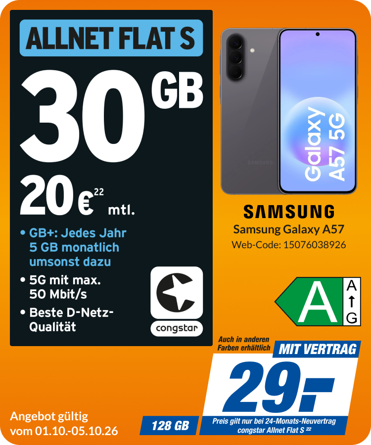 Samsung Galaxy A57 mit Allnet Flat S für 29€!