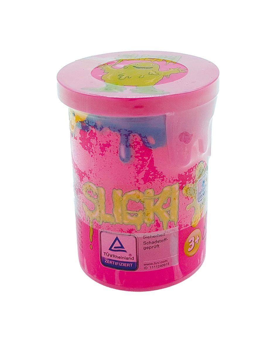 Schleim, einfarbig, 80g, in Dose, 4-fach sortiert: gelb, pink, blau, grün